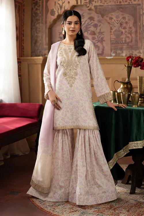 3 Piece Embroidered Silk Finish Lawn Gharara Suit - Ivory - Silk Dupatta