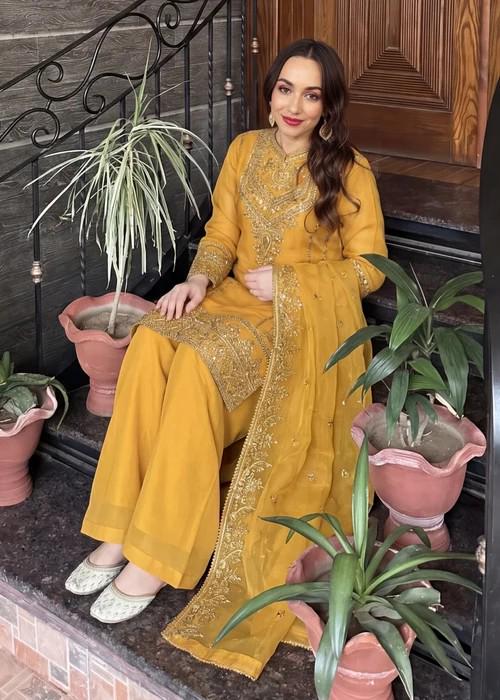 Embroidered Chiffon Sharara - Mustard