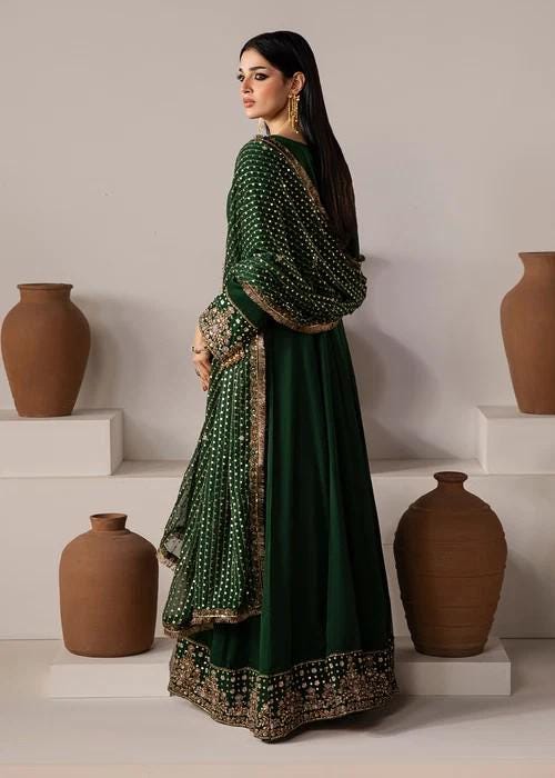 Dark Green Chiffon Maxi Dress - 3 Piece Designer Wear