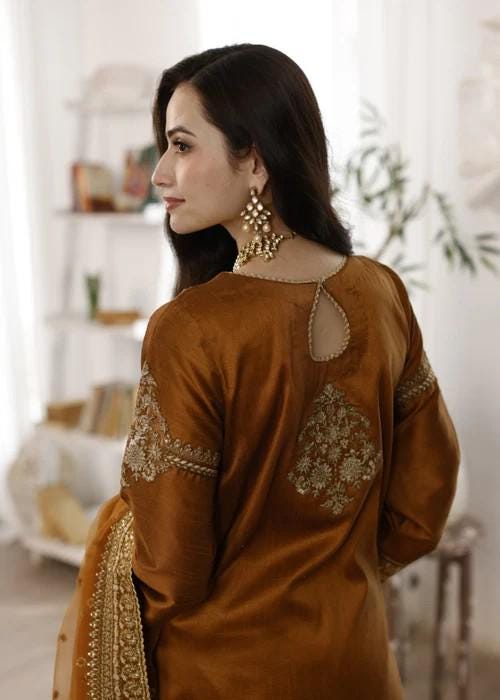 Embroidered Raw Silk Suit - 3 Piece - Rust Orange