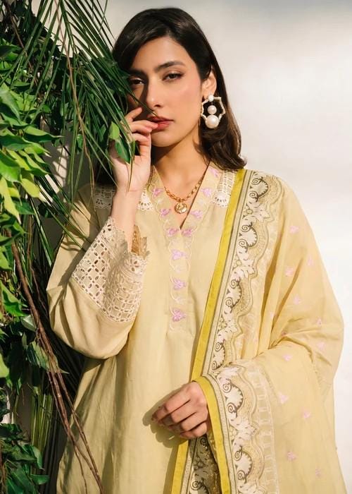 3 Piece Embroidered Lawn Palazzo Suit – Light Yellow