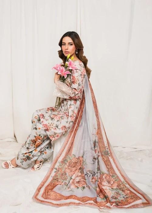 Embroidered Lawn Shalwar Suit – 3 Piece - Grey - Farshi Shalwar