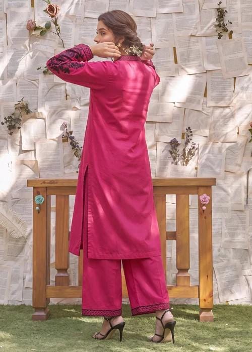 Embroidered Cotton Palazzo Suit – 3 Piece - Hot Pink