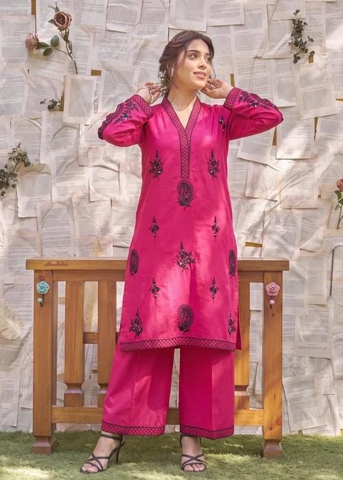Embroidered Cotton Palazzo Suit – 3 Piece - Hot Pink