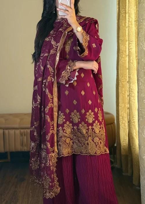 3 Piece Embroidered Chiffon Palazzo Suit - Purple
