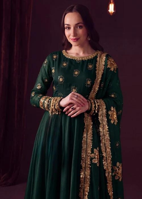 Embroidered Chiffon Pishwas Palazzo Suit - 4 Piece - Dark Green