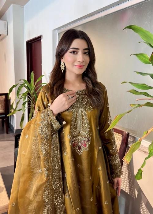 3 Piece Embroidered Silk Maxi Dress - Golden Brown