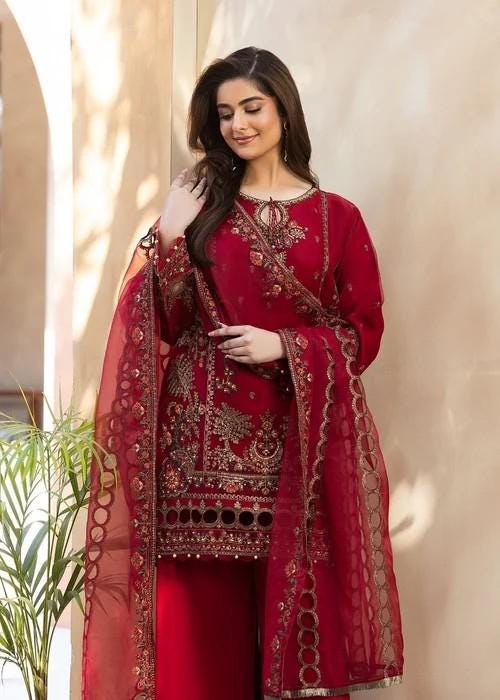 Embroidered Organza and Raw Silk Palazzo Designer Suit - 3 Piece - Red