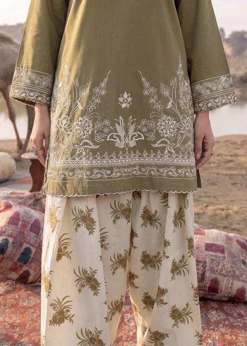 Embroidered Short Kurta Lawn Farshi Shalwar Suit - Sage Green