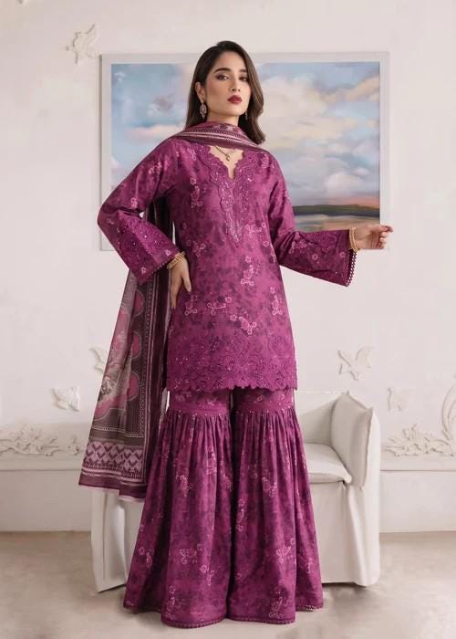 3 Piece Embroidered Lawn Gharara Suit - Purple - Silk Dupatta