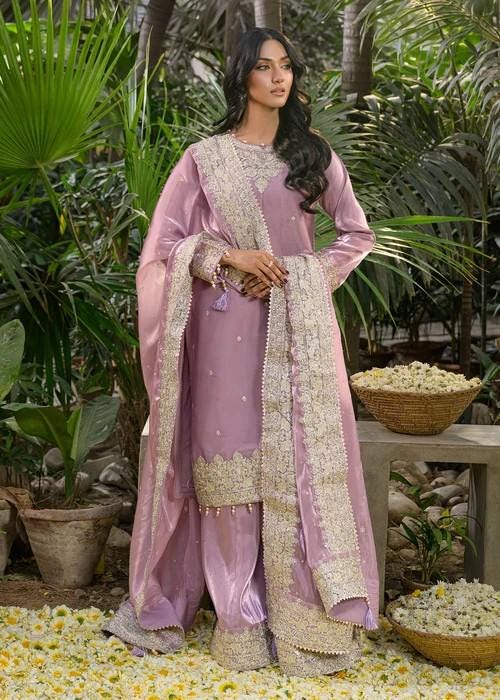 3 Piece Embroidered Silk Kurta Shalwar Suit - Mauve Pink