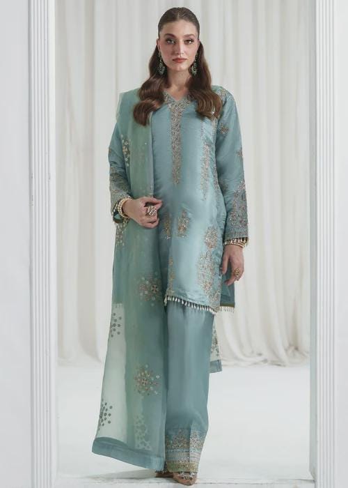 3 Piece Embroidered Charmeuse Silk Suit