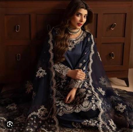 Embroidered Pure Raw Silk Suit - 3 Piece - Navy Blue