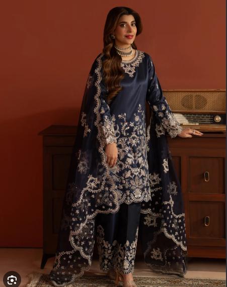 Embroidered Pure Raw Silk Suit - 3 Piece - Navy Blue