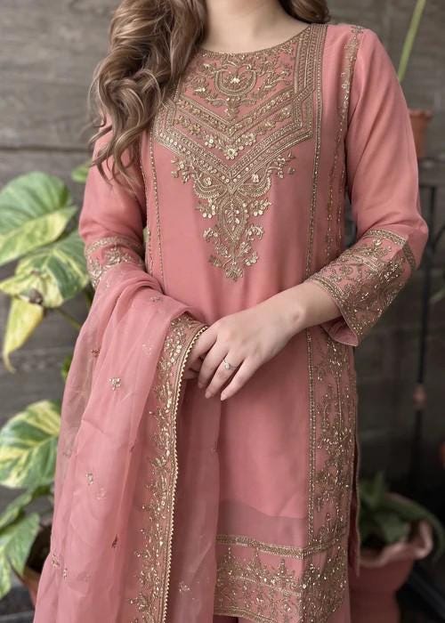 Embroidered Chiffon Sharara - Pink - 3 Piece