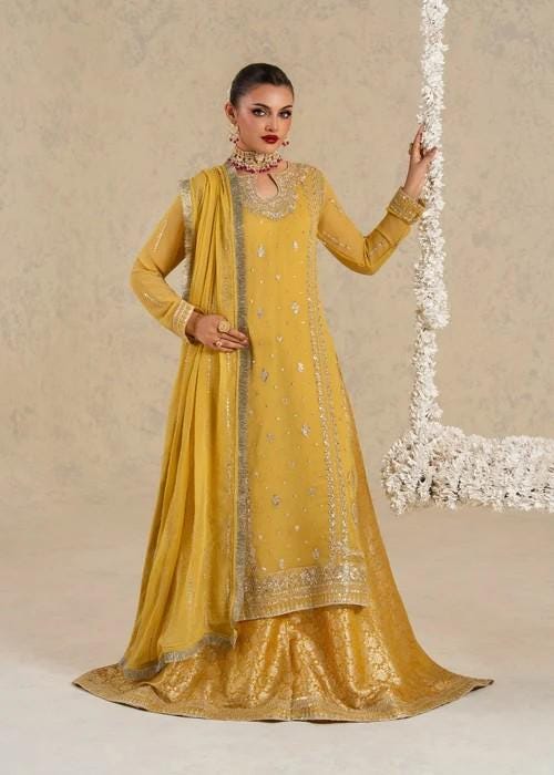 Embroidered Chiffon and Jamawar Lehenga Suit - 3 Piece - Mustard