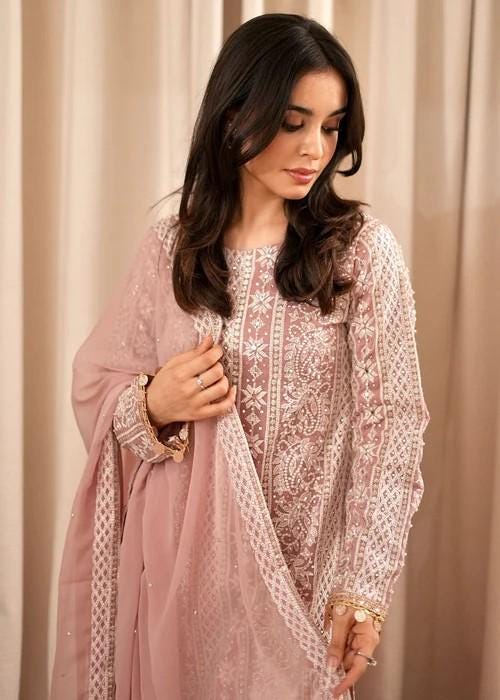 Embroidered Chiffon Gharara - 3 Piece- Blush Pink