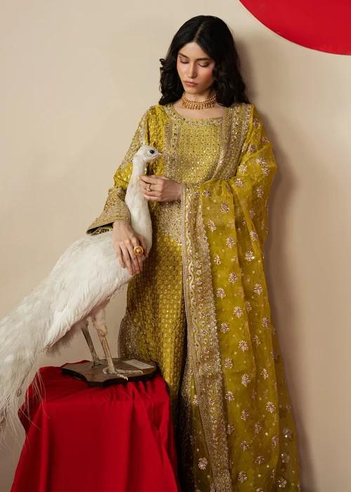 3 Piece Embroidered Charmeuse Silk Palazzo Suit - Mustard and Pink