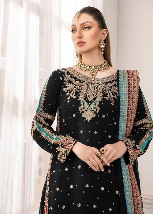 3 Piece Embroidered Chiffon Party Wear Suit - XL & XXL