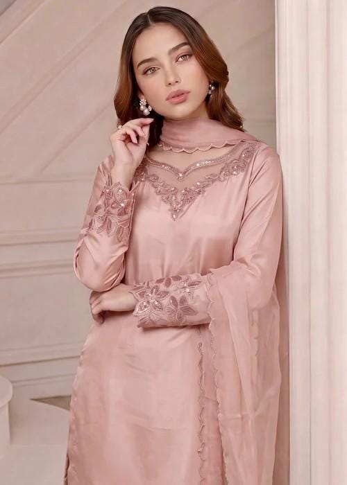 3 Piece Silk Sharara Suit - Pink