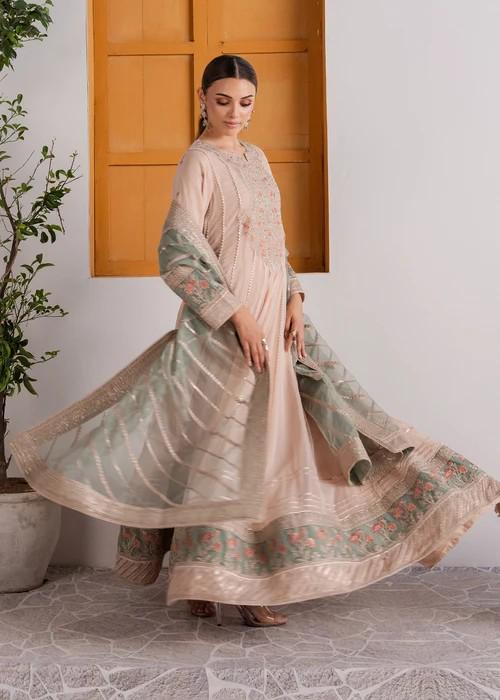 Peach Pink Chiffon Maxi Dress - 3 Piece Designer Wear