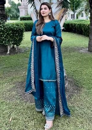 Embroidered Silk Farshi Shalwar Suit with Chiffon Dupatta - 3 Piece - Blue