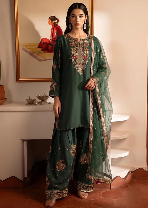 Embroidered Silk Farshi Shalwar Suit with Organza Dupatta - 3 Piece - Dark Green