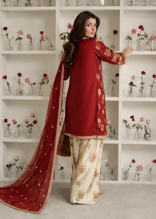 3 Piece Embroidered Charmeuse Silk Suit - Beige Raw Silk Pants