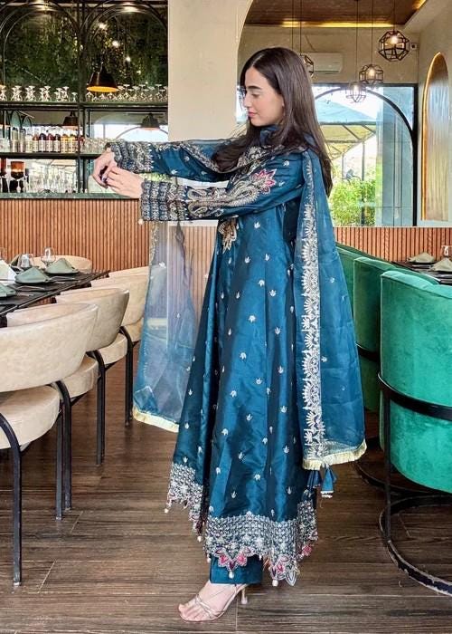 3 Piece Embroidered Silk Pishwas - Teal