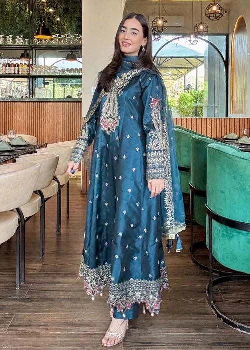 3 Piece Embroidered Silk Pishwas - Teal