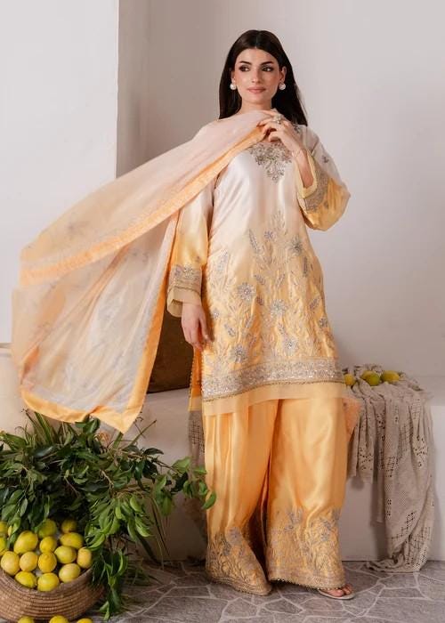 3 Piece Embroidered Charmeuse / Shamooz Silk Palazzo Suit