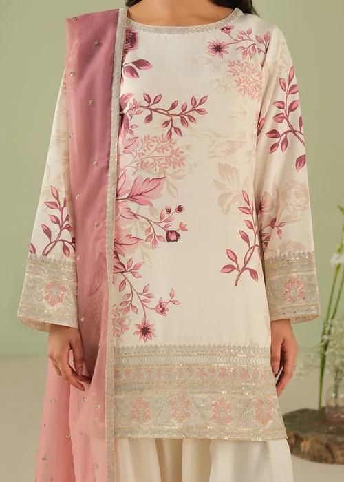 Embroidered Raw Silk Farshi Shalwar Suit - 3 Piece - Off White