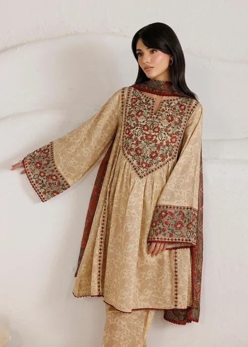 Embroidered Cotton Frock Shalwar Suit - Chiffon Dupatta