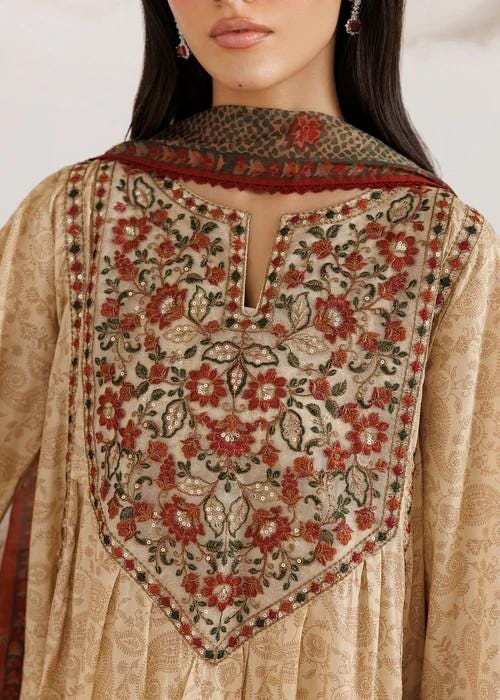 Embroidered Cotton Frock Shalwar Suit - Chiffon Dupatta