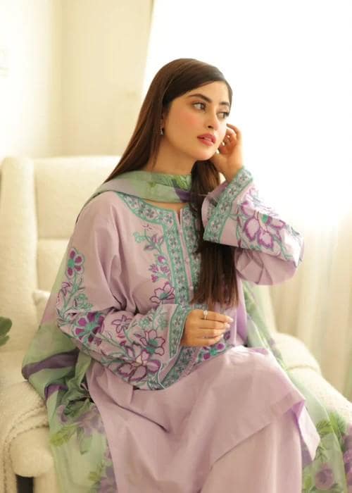 Embroidered Farshi Shalwar Lawn Suit - 3 Piece - Silk Dupatta
