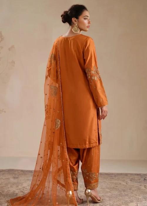 Embroidered Silk Farshi Shalwar Suit with Organza Dupatta - 3 Piece - Rust Orange