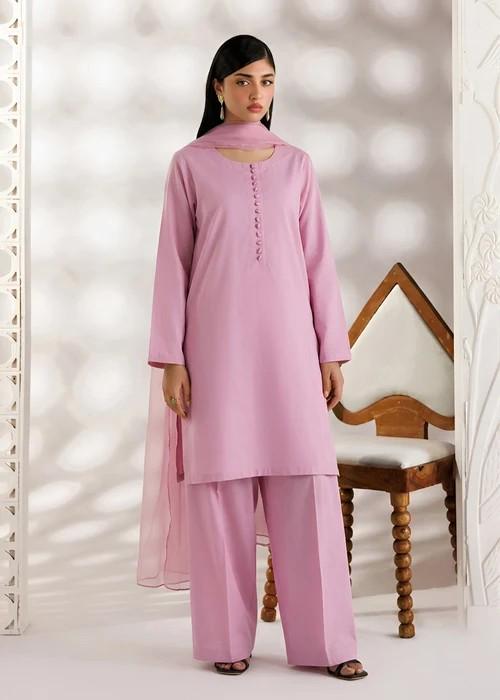 Pink Linen Kurta Set - Chiffon Dupatta - Pink