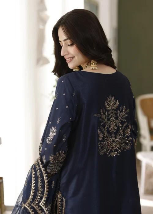 Embroidered Raw Silk Suit - 3 Piece - Navy Blue