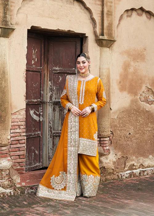 Embroidered Chiffon and Raw Silk Shalwar Suit - Mustard