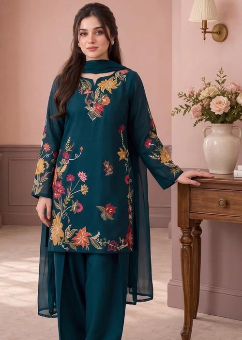 Embroidered Lawn Suit with Chiffon Dupatta - Bondi Blue