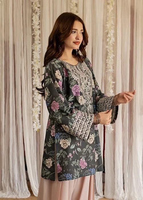 Embroidered Lawn Kurta Farshi Shalwar Suit - 2 Piece - Pink & Black