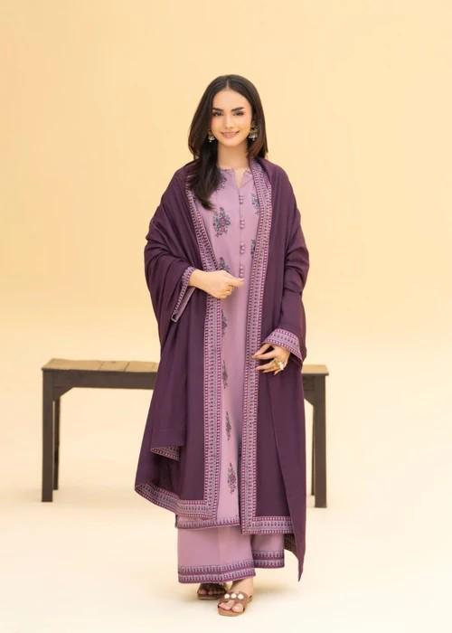 Embroidered Linen Kurta Set Suit - 3 Piece - Mauve Pink