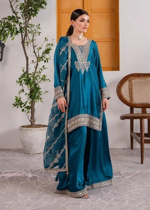 Embroidered Charmeuse Silk Palazzo Suit - 3 Piece - Teal