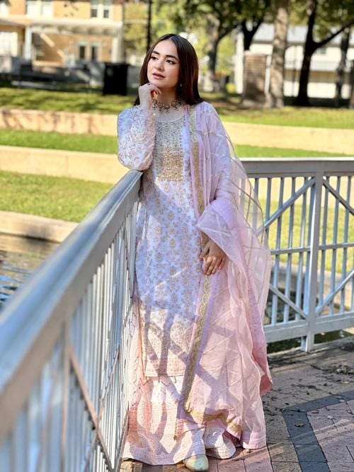 4 Piece Embroidered Chiffon Sharara Suit with Potli Bag