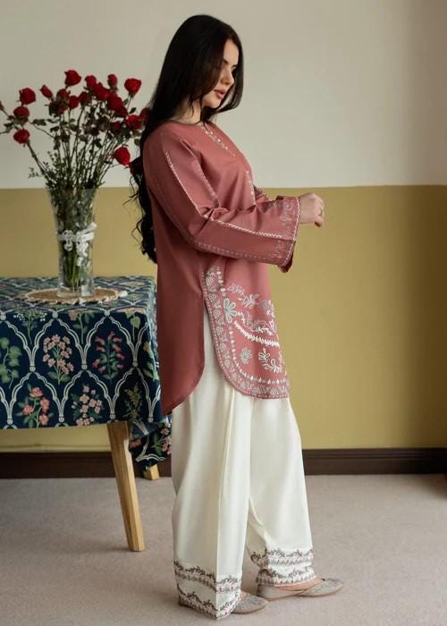 Embroidered Lawn Kurta Farshi Shalwar Suit - 2 Piece - Pink, Off-White