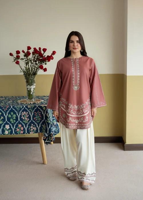 Embroidered Lawn Kurta Farshi Shalwar Suit - 2 Piece - Pink, Off-White