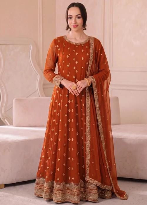 Embroidered Chiffon Maxi Suit - 3 Piece - Rust