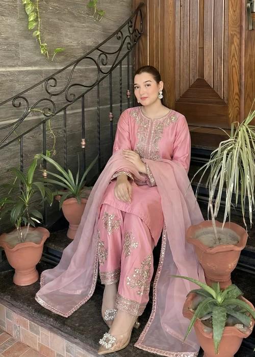 Embroidered Silk Farshi Shalwar Suit with Organza Dupatta - 3 Piece - Indian Pink
