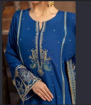 Embroidered Raw Silk Farshi Shalwar Suit with Organza Dupatta - 3 Piece - Blue