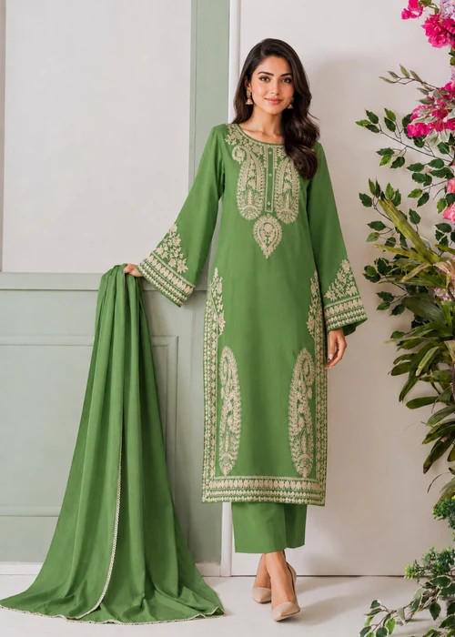 Embroidered Linen Suit with Chiffon Dupatta - Apple Green